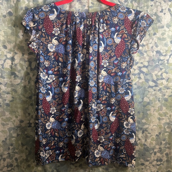LOFT Peacock Print Flutter Sleeve Top XL - Picture 4 of 6